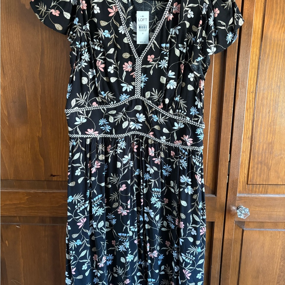 LOFT Black Dress with Pastel Floral with Embroidery Trim (NWT)